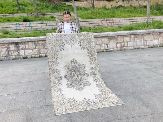 3x6 Neutral Vintage Turkish Hand Knotted Wool Oushak Anatolian