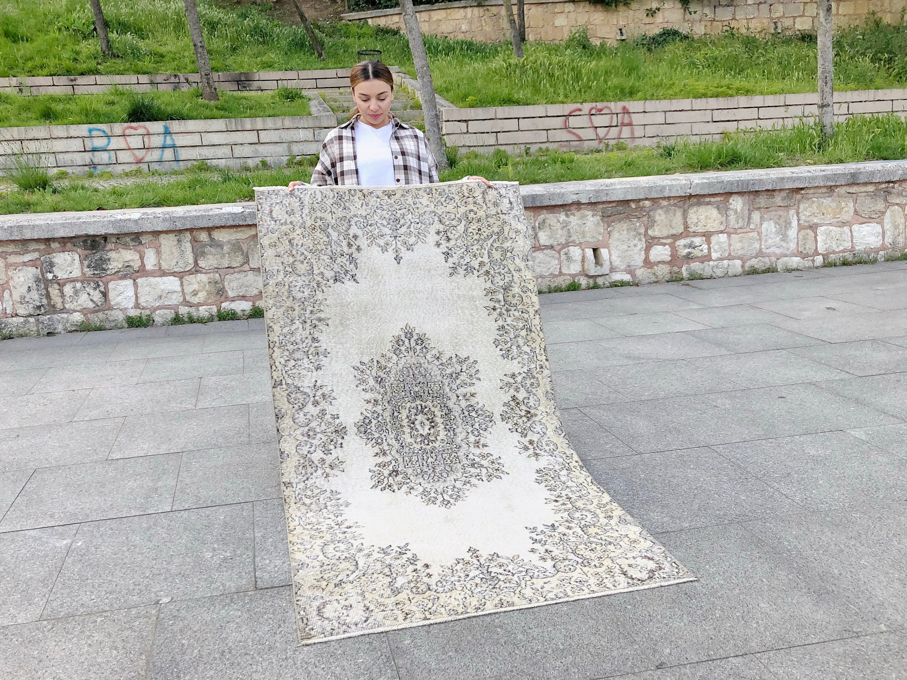3x6 Neutral Vintage Turkish Hand Knotted Wool Oushak Anatolian