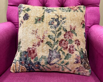 ヴィンテージトルコキリムピローカバー 16x16インチ：ハンドメイド
