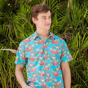 Sugar Glider Print Button Shirt Australian Design Aussie Animal Shirt with Seashell Button in 100% cotton eco-friendly printed men's shirt