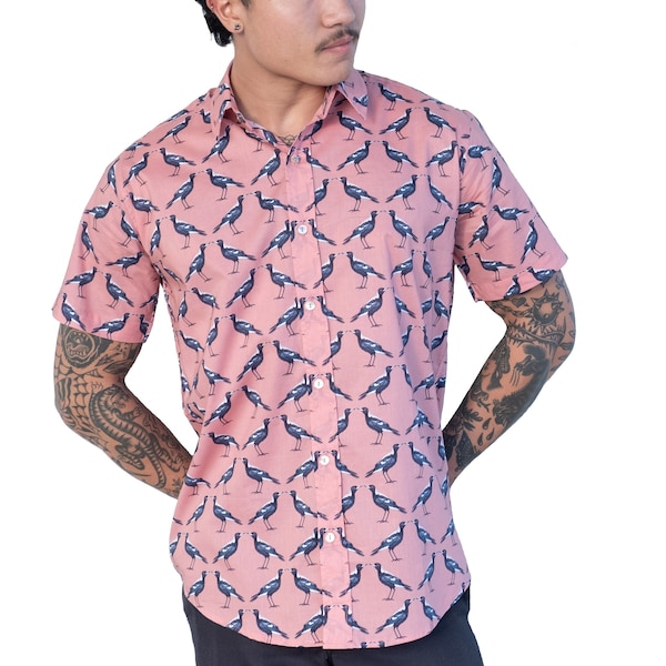 Magpie Print Button Shirt Australian Design Aussie Bird Shirt with Seashell Buttons in 100% cotton eco-friendly printed men's shirt