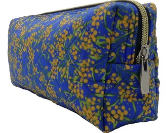 Australian Flora Toiletry Bag | Make-up Bag Wattle Fabric Quilted Cotton Unique Dom N 8 Design Fabric Lined