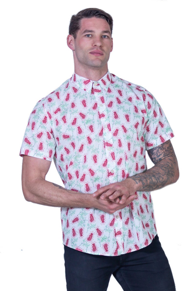 Grevillea Print Button Shirt Australian Design Aussie Floral Shirt with Seashell Buttons 100% cotton eco-friendly printed men's shirt White