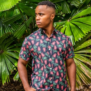 Grevillea Print Button Shirt Australian Design Aussie Floral Shirt with Seashell Buttons 100% cotton eco-friendly printed men's shirt image 1