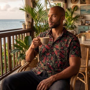 May include: A black button-down shirt with a red floral pattern. The person is sitting in a wicker chair and holding a cup of coffee. The background includes a wooden deck, plants, and a view of the ocean.