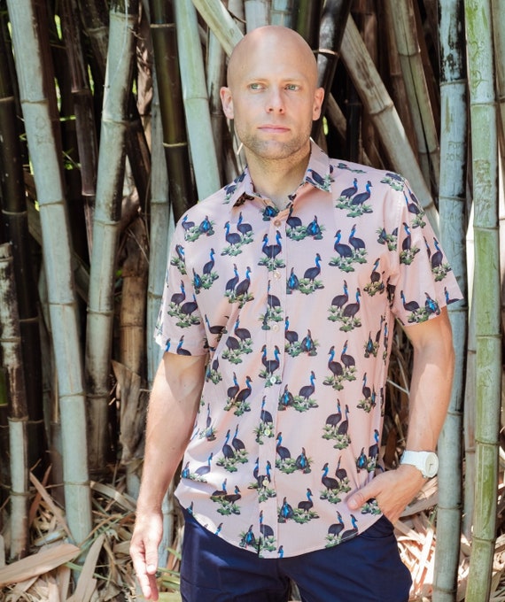 DomN8Design Magpie Print Button Shirt Australian Design Aussie Bird Shirt with Seashell Buttons in 100% Cotton Eco-Friendly Printed Men's Shirt