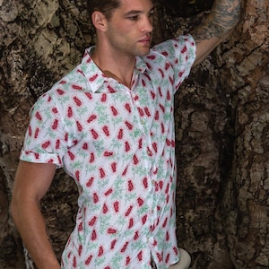 Grevillea Print Button Shirt Australian Design Aussie Floral Shirt with Seashell Buttons 100% cotton eco-friendly printed men's shirt image 6