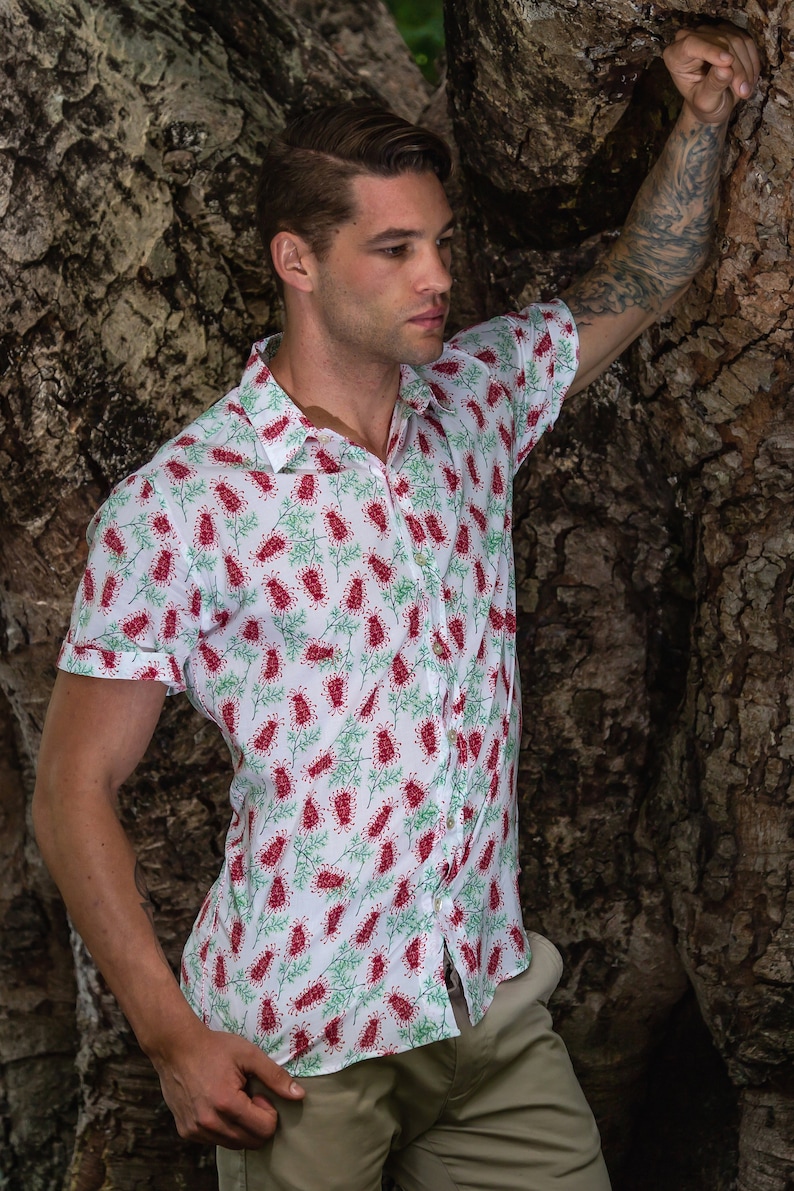 Grevillea Print Button Shirt Australian Design Aussie Floral Shirt with Seashell Buttons 100% cotton eco-friendly printed men's shirt image 6