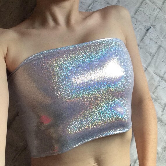 FESTIVAL RAVE HOLOGRAPHIC SILVER SKIRT BOOB TUBE TOP OR SET 2 PIECES UK SELLER