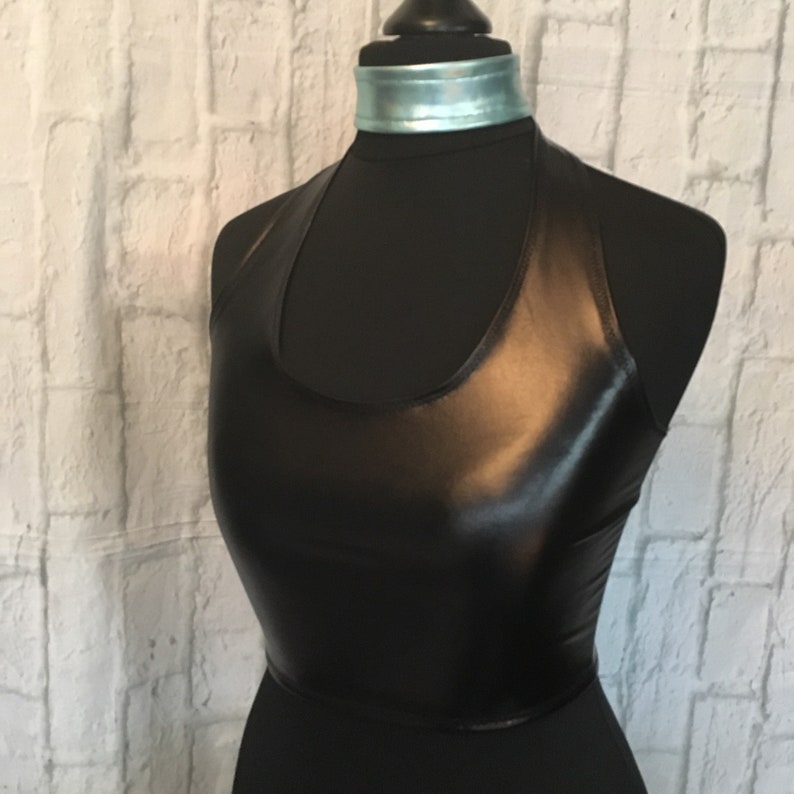 Black leather look halter neck crop top | Etsy