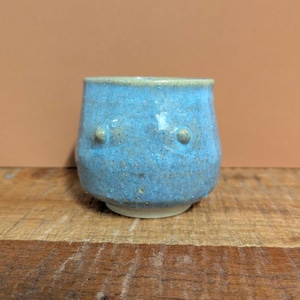 May include: A handcrafted ceramic tumbler with a speckled, light blue glaze. The small, round, raised details on the side add texture. The cup sits on a wooden surface with a brown backdrop.