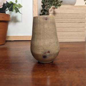 Könnte beinhalten: Eine kleine, hellbraune Keramikvase mit gesprenkelter Glasur und abgerundetem Boden. Die Vase hat ein subtiles, geflecktes Muster aus Hellbraun und Weiß.