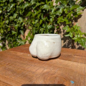 May include: A handmade, off-white ceramic mug with a distinctive, rounded base. The mug has a speckled texture and a smooth, open top. The mug is on a wooden surface, with green foliage in the background.