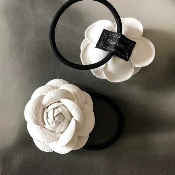 Hair Elastic Bracelet White Camellia Flower Faux Leather Hair Ties Fashion Accessories Free Shipping Over USD48 Lalacamelia