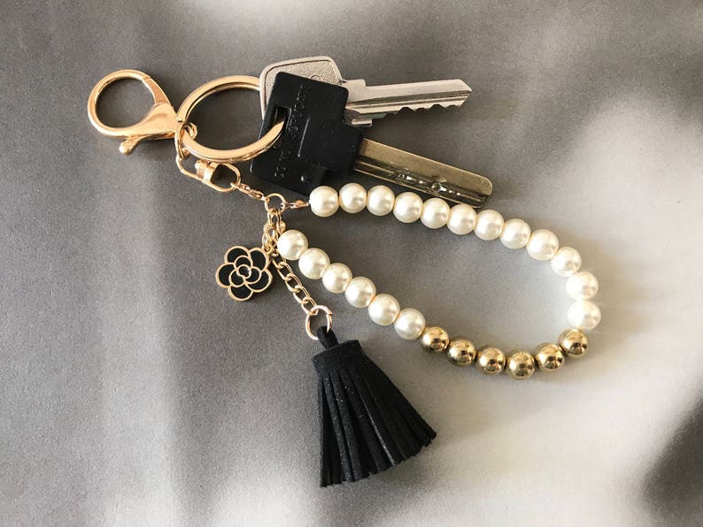 Gift For Her Luxury Bag Charm White Tassel Accessories Pearl Bracelet Key Charm Camellia Charm Keychains Free Worldwide Shipping