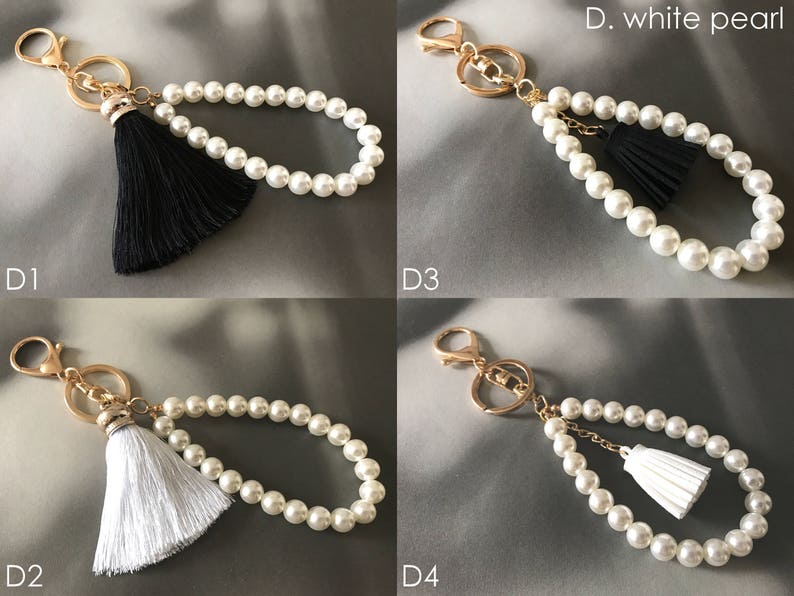 Tassel keyring Gold purse charm pearl charm key charm white Etsy