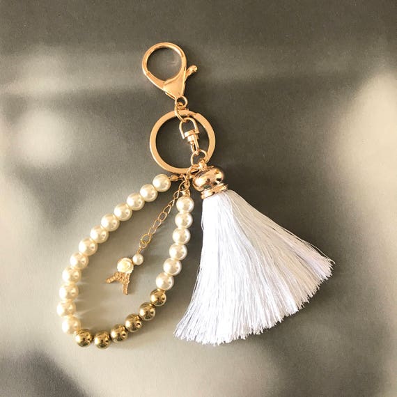 Gift For Her Luxury Bag Charm White Tassel Accessories Pearl Bracelet Key Charm Camellia Charm Keychains Free Worldwide Shipping