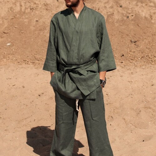 Moss Green Linen Mens Kimono Set Man 