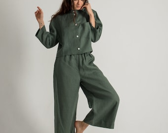 Leinen-Hosen-Set für Damen, bestehend aus kurzem Oberteil und Hose, zweiteiliges natürliches Sommer-Outfit, Pyjama