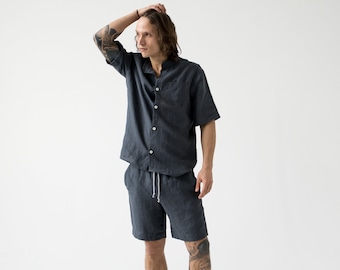 Men linen pants and shirt Loose fitted natural pajama set for man Beach set