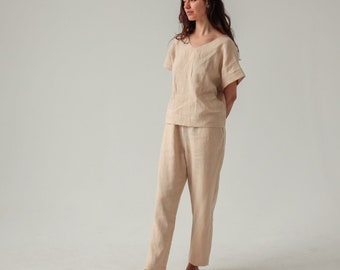 Linen suit set - t-shirt and pants Linen pajama in beige color