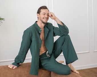 Mens linen pajama set Linen pants and shirt for men Summer light pants suit Softened loose fitted linen shirt with long sleeves