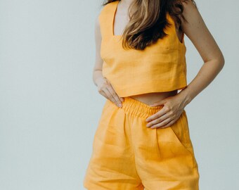Linen cropped top and shorts in yellow