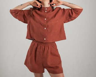 Terracotta cropped pajama set Linen crop suit shorts and shirts  Sleepwear loose fitted clothing