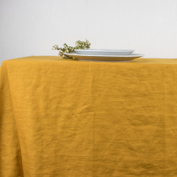 Thanksgiving burnt orange linen tablecloth Mustard table cloth Softened linen table settings Round table cloth in burnt yellow color