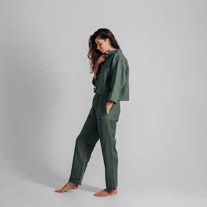 Moss green linen pajama set Relaxed fit cropped shirt and pants Linen crop shirt with oversized trousers Baggy pants homewear outfit