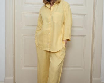 Butter yellow linen shirt and culottes two piece set