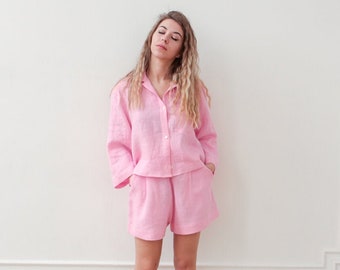 Baby pink pajama set with cropped shirt and shorts Linen crop suit Woman crop top linen Doll pink pajama