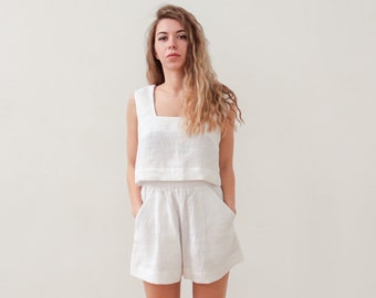 Linen cropped top and shorts Summer linen outfit with top Linen home clothing, loungewear, pajama set with cropped shorts