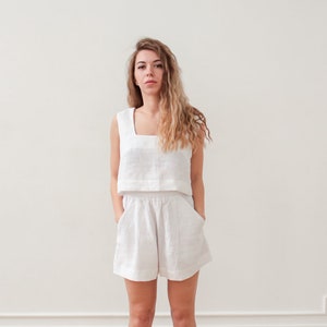 Linen cropped top and shorts Summer linen outfit with top Linen home clothing, loungewear, pajama set with cropped shorts