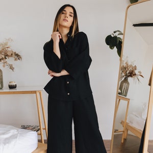 Black linen home pajama set Dusty green culottes with button down shirt Linen pajama set Stonewashed linen suit Different colors