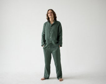 Mens linen homewear suit Men's linen pajama Linen loose pants and mens button-down shirt Linen sleepwear for men Gift for him Street linen