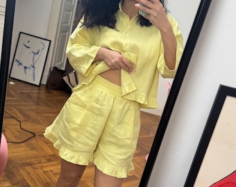 100% Linen pajama set: cropped shirt and shorts with ruffles