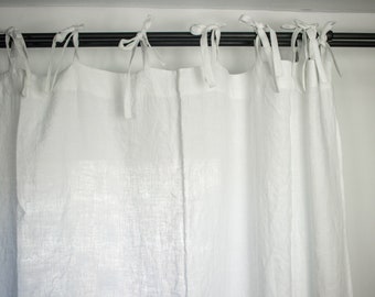 White linen curtain panel with ties Tab top linen semi sheer curtains Rod pocket linen drapes