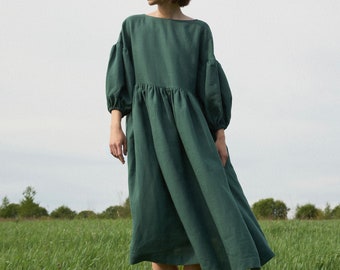 Linen dress with puffed sleeves Double sided oversized dress in forest green color