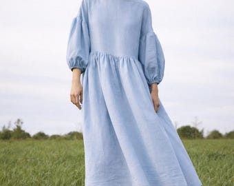 Light blue linen midi dress women Loose fit natural robe Puff sleeve summer garment