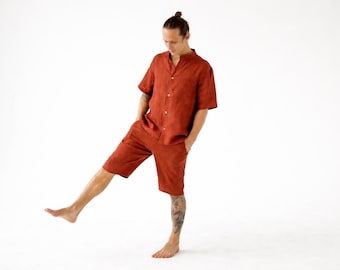 Terracotta linen outfit shirt and shorts Summer man relaxed fit set Sleepwear pajama