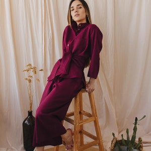 Marsala linen home pajama set Bordo culottes with button down shirt