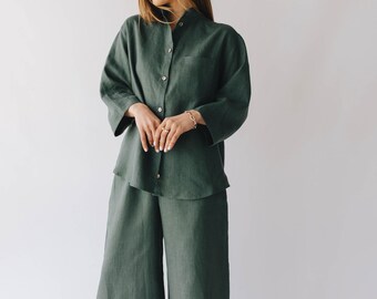 Moss Green Linen Set – Culottes & Shirt for Lounging, Travel, or Casual Days