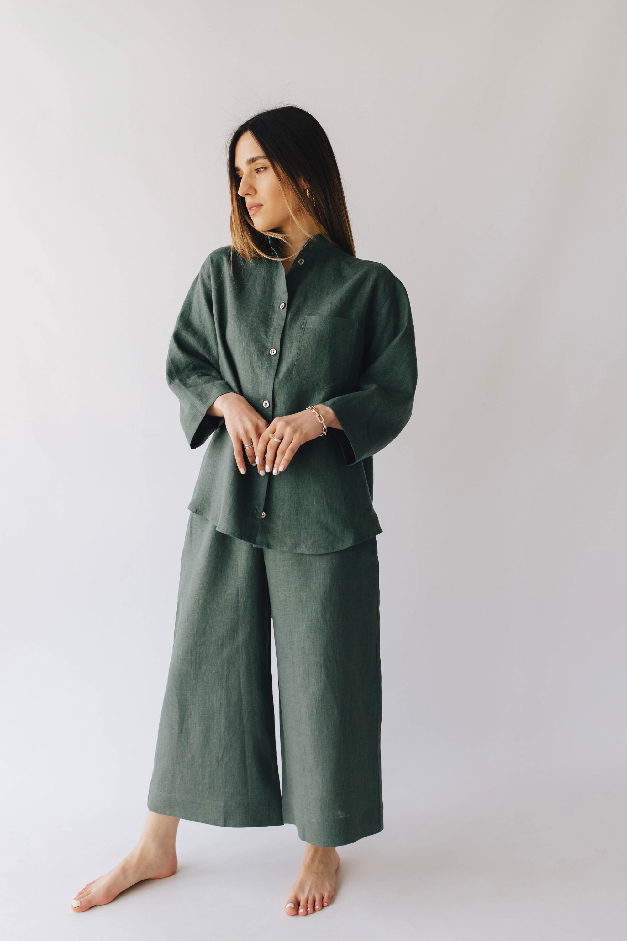 Moss Green Linen Set - Culottes & Shirt For Lounging, Travel, Or Casual Days