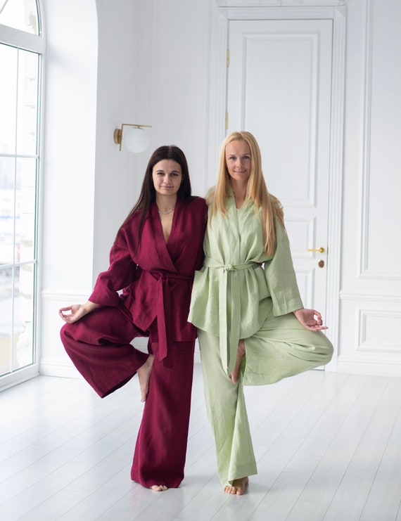 Conjunto de kimono de lino natural con pantalones palazzo | Etsy España