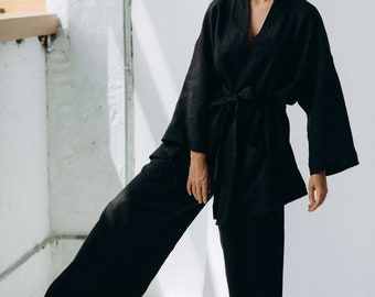 Kimono and palazzo in black linen Natural relaxed set with kimono shirt and wide pants Homewear pajama gift