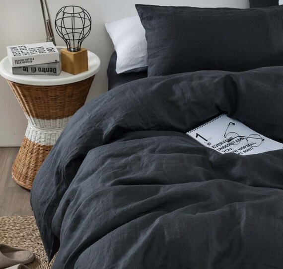 Charcoal Linen Duvet Cover Set Grey Bedding Set With Etsy