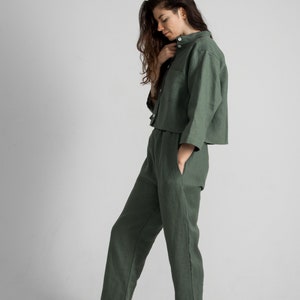 Moss green linen pajama set Relaxed fit cropped shirt and pants Linen crop shirt with oversized trousers Baggy pants homewear outfit zdjęcie 9