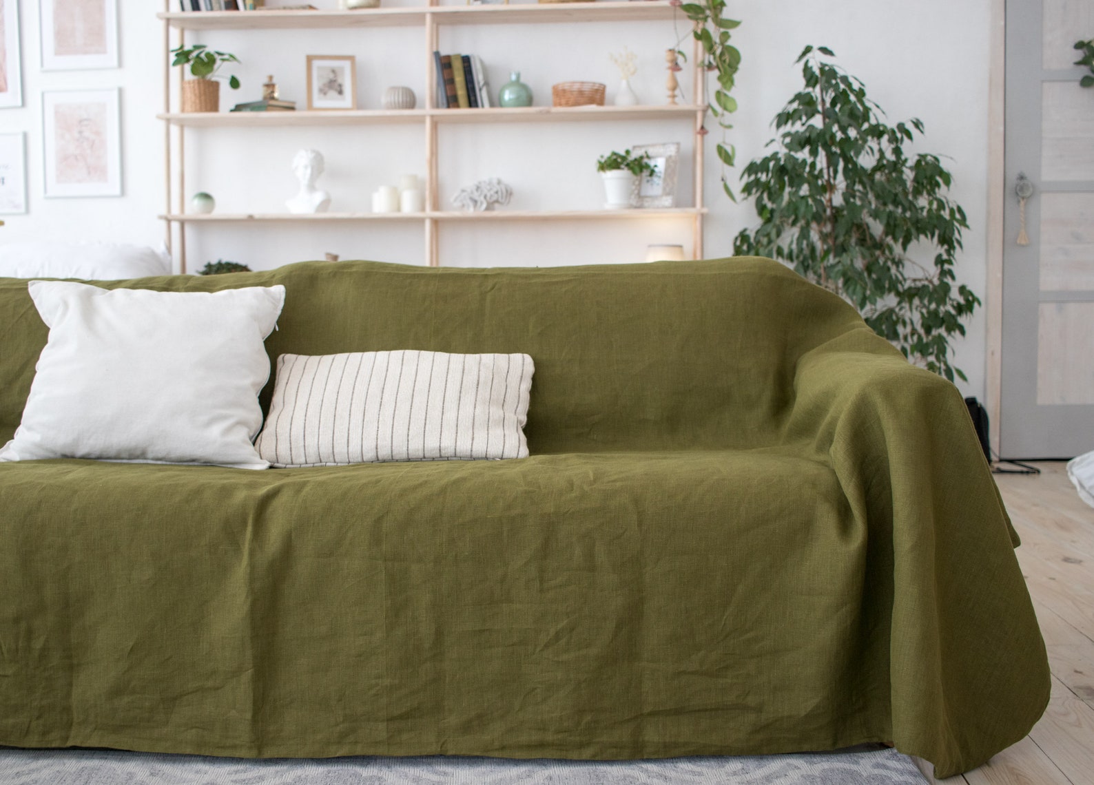 Moss green linen couch cover Linen drop cloth sofa cover Etsy