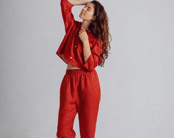 Red linen women cropped shirt and pants Summer minimal relaxed two piece set